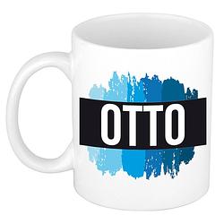 Foto van Naam cadeau mok / beker otto met blauwe verfstrepen 300 ml - naam mokken