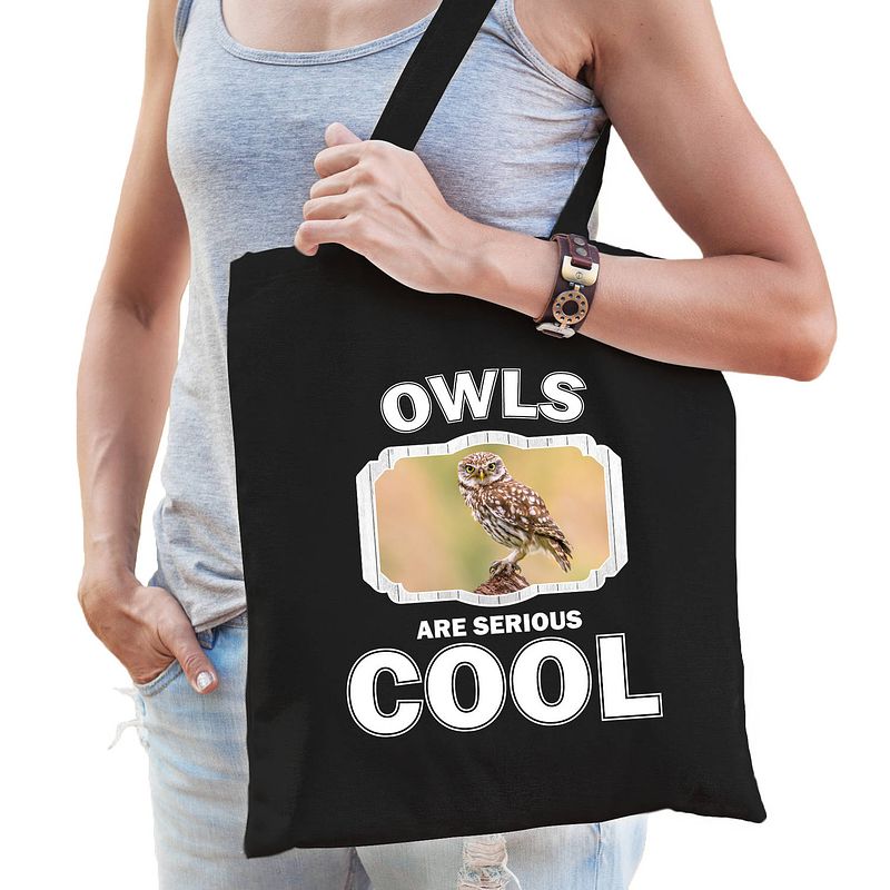 Foto van Dieren steenuil tasje zwart volwassenen en kinderen - owls are cool cadeau boodschappentasje - feest boodschappentassen