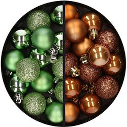 Foto van 28x stuks kleine kunststof kerstballen groen en bruin 3 cm - kerstbal