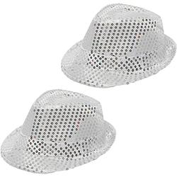 Foto van 2x stuks trilby hoeden met pailletten - zilver - glitter - verkleedhoofddeksels