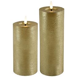 Foto van Led kaarsen/stompkaarsen - set 2x - goud - d7,5 x h15 en h20 cm - timer - warm wit - led kaarsen