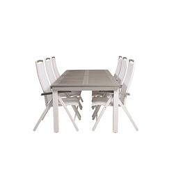 Foto van Albany tuinmeubelset tafel 100x224/324cm en 6 stoel 5posalu albany wit, grijs.