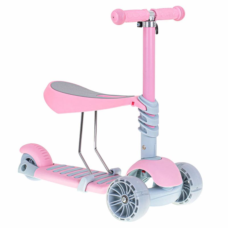 Foto van Luxe balans 3 in 1 step met zitje - driewieler - skateboard met lichtgevende wielen - tot 20kg - roze - vanaf 3+ jaar