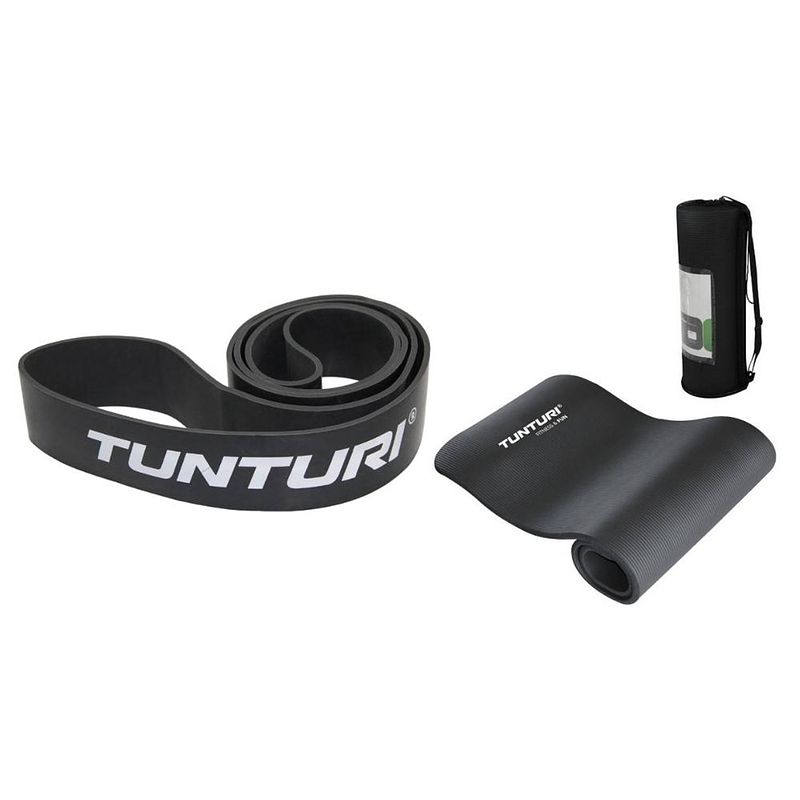 Foto van Tunturi - fitness set - weerstandsband zwart - extra heavy - fitnessmat 180 cm x 60 cm x 1,5 cm