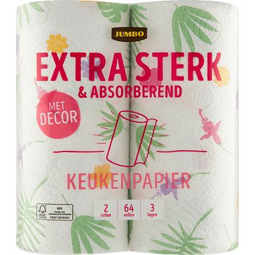 Foto van Jumbo extra sterk & absorberend keukenpapier met decor 3laags 2 rollen