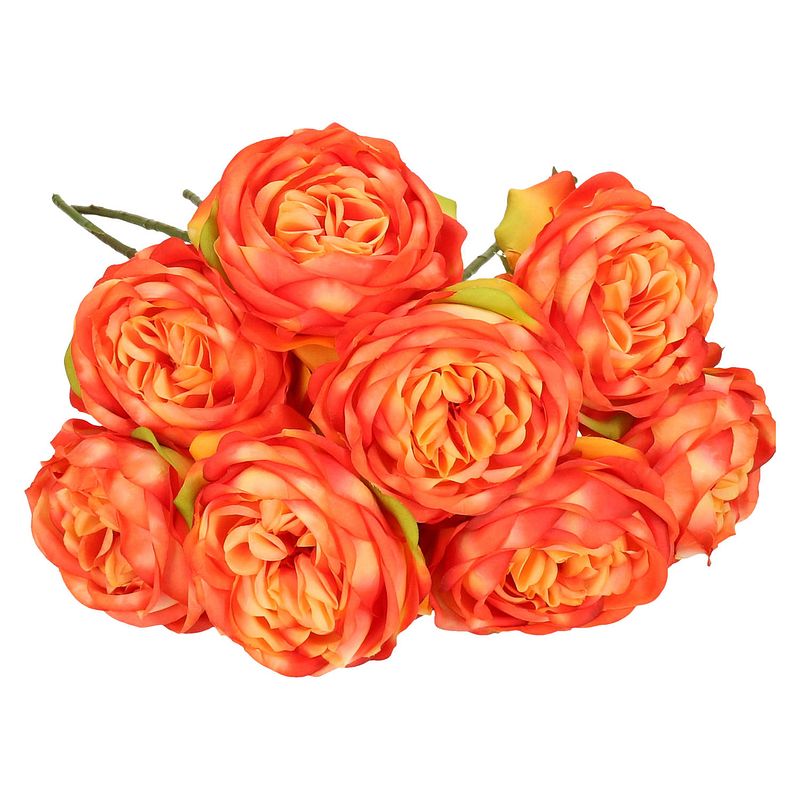 Foto van Emerald kunstbloemen boeket roos vicky - 8x - oranje - 66 cm - decoratie bloemen - kunstbloemen