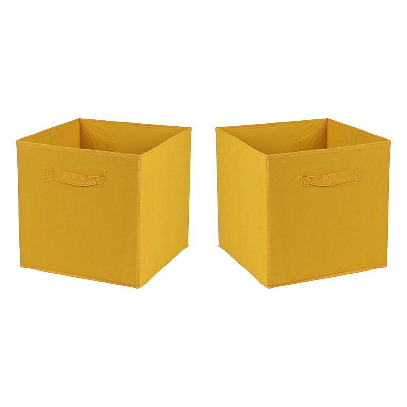 Foto van Urban living opbergmand/kastmand square box - 2x - karton/kunststof - 29 liter - oker geel - 31 x 31 x 31 cm - opbergman