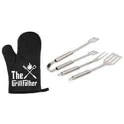 Foto van Barbecue/bbq gereedschap 3-delige set 33 cm van rvs met bbq handschoen the grillfather - barbecuegereedschapset