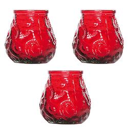 Foto van 4x rode tafelkaarsen in glazen houders 7 cm brandduur 17 uur - waxinelichtjes