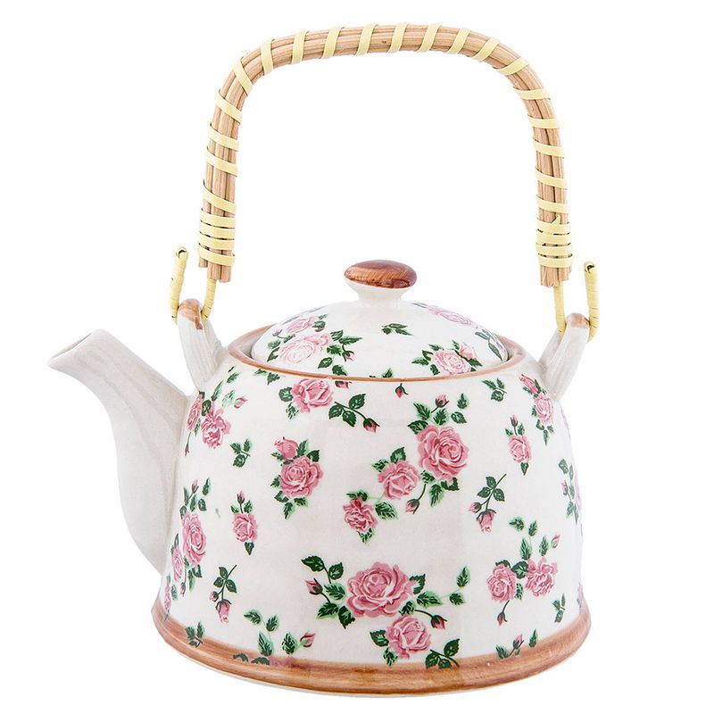 Foto van Haes deco - chinese theepot - porselein - roze rozen - theepot 700 ml - traditioneel theeservies, theekan