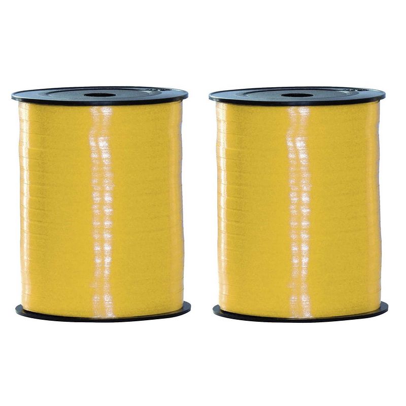 Foto van 2x rollen geel cadeau sier lint 500 meter x 5 milimeter breed - cadeaulinten