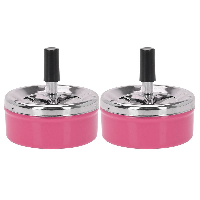 Foto van Set van 2x stuks ronde draaiasbak/drukasbak metaal 10 cm roze voor binnen/buiten - asbakken