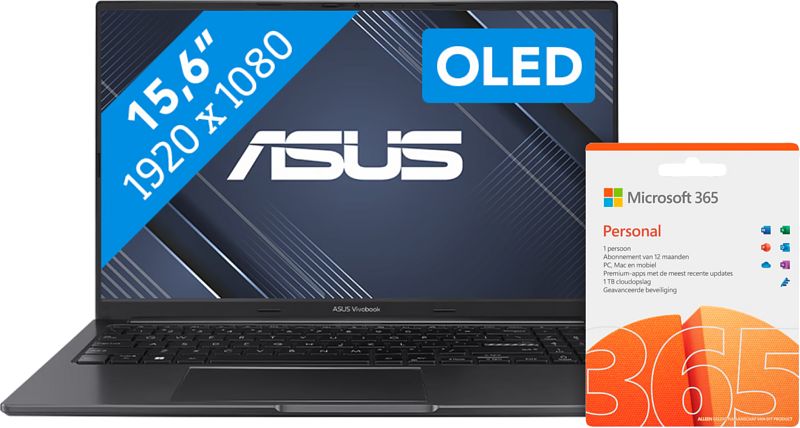 Foto van Asus vivobook 15 oled x1505za-l1282w + microsoft office 365 personal nl abonnement 1 jaar