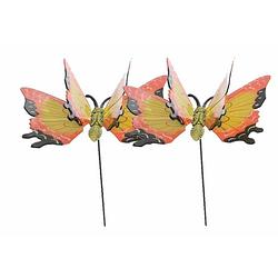 Foto van Set van 2 metalen vlinder geel/oranje 17 x 60 cm op steker - tuindecoratie vlinders - dierenbeelden