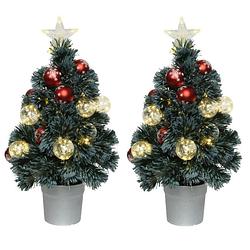 Foto van 2x stuks fiber optic kerstbomen/kunst kerstbomen met verlichting en kerstballen 60 cm - kunstkerstboom