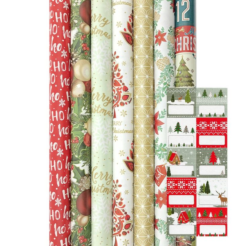 Foto van Premium assortiment luxe kerstpapier inpakpapier cadeaupapier - 200 x 70 cm - 5 rollen 1 - 5 rollen inclucief naamlabels