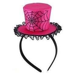 Foto van Halloween - roze verkleed haarband met mini hoed met spinnenweb voor dames - verkleedhoofddeksels