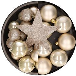 Foto van Kunststof kerstballen - 57x stuks - met ster piek - champagne - kerstbal