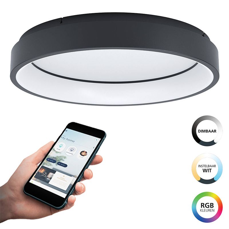 Foto van Eglo connect.z marghera-z smart plafondlamp - ø 60 cm - zwart/wit - instelbaar rgb & wit licht - dimbaar - zigbee