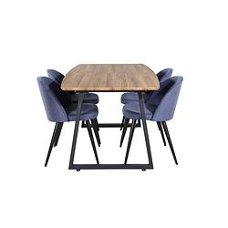 Foto van Incanabl eethoek eetkamertafel uitschuifbare tafel lengte cm 160 / 200 el hout decor en 4 velvet eetkamerstal blauw.