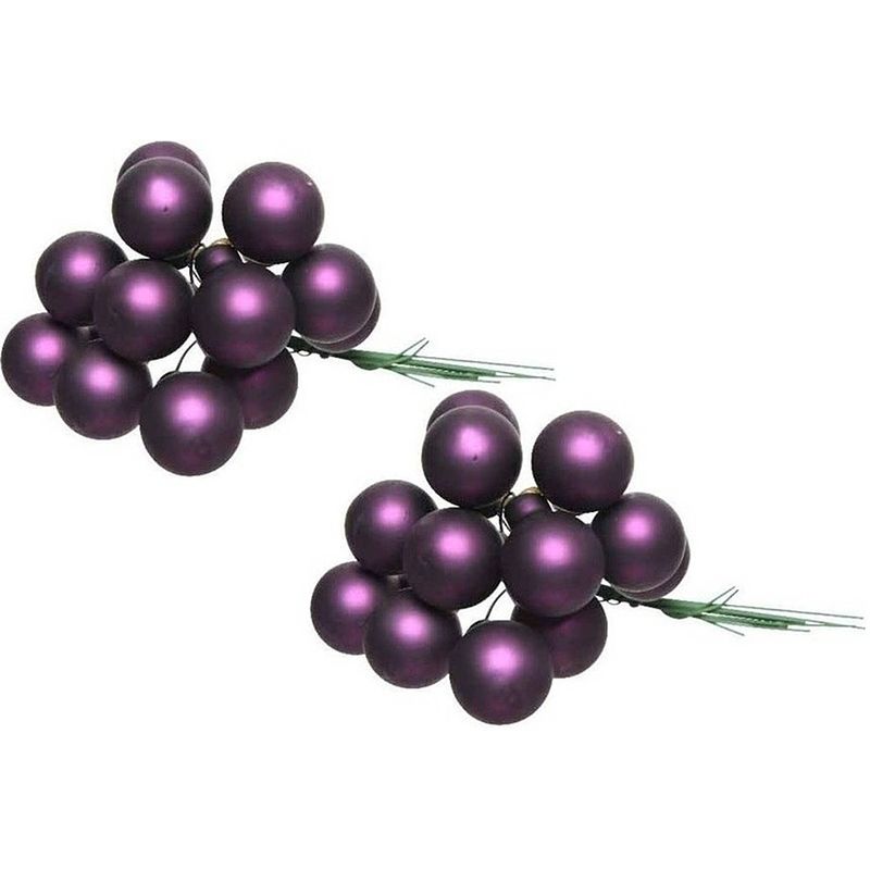 Foto van 20x aubergine paarse mini kerststukjes insteek kerstballetjes 2 cm van glas - kerststukjes