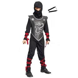 Foto van Verkleedkleding ninja pak maat m met vechtstokken voor kinderen - carnavalskostuums