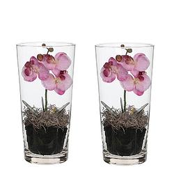 Foto van Set van 2 roze orchidee/phalaenopsis kunstplanten in vaas 30 cm - kunstbloemen