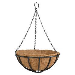 Foto van Metalen hanging basket / plantenbak zwart met ketting 35 cm - hangende bloemen - plantenbakken