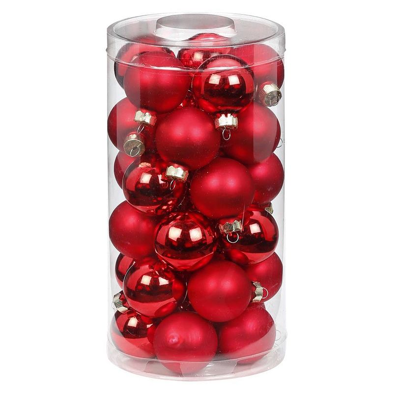 Foto van 30x stuks kleine glazen kerstballen rood mix 4 cm - kerstbal