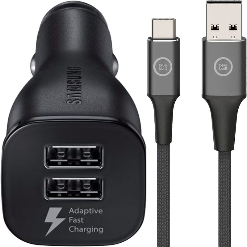 Foto van Samsung adaptive fast charging autolader met 2 usb poorten 15w + usb c kabel 1,5m nylon