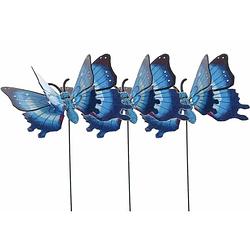 Foto van Set van 3x stuks metalen vlinder blauw 11 x 70 cm op steker - tuinbeelden