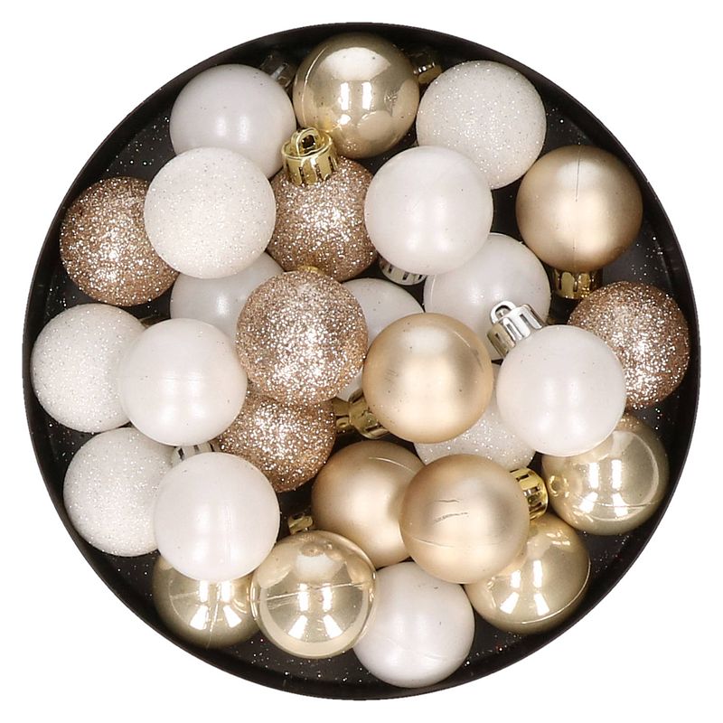 Foto van 28x stuks kunststof kerstballen parel/champagne en wit mix 3 cm - kerstbal