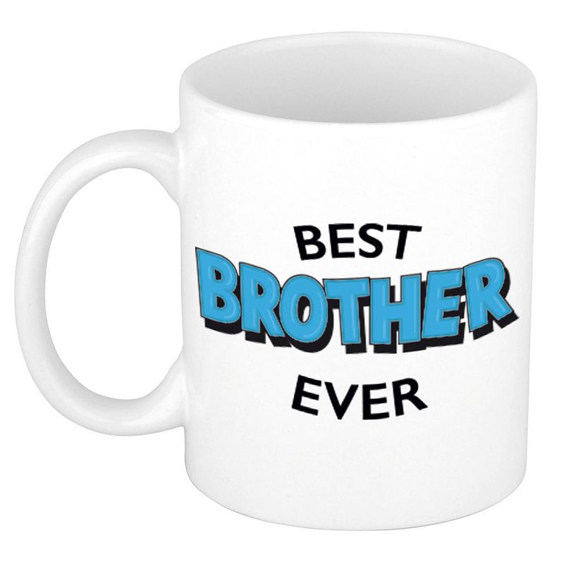 Foto van Best brother ever cadeau mok / beker wit met blauwe cartoon letters 300 ml - feest mokken