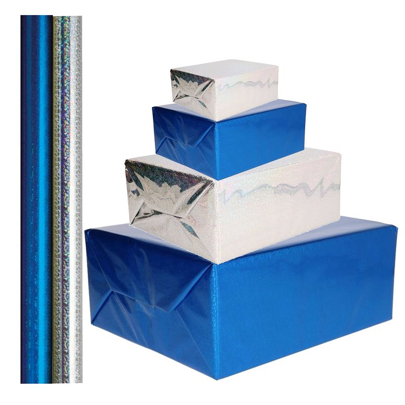 Foto van 4x stuks rollen holografische metallic hobbyfolie/cadeaupapier 70 x 150 cm zilver en blauw - hobbypapier