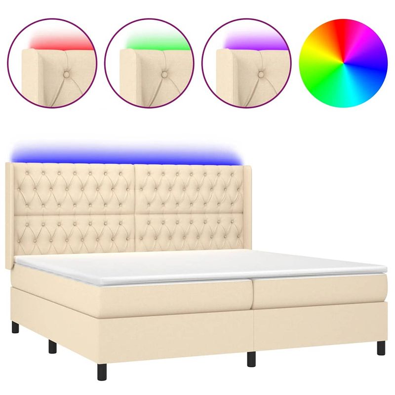 Foto van The living store boxspring bed - crème - 203x203x118/128 cm - verstelbaar hoofdbord - kleurrijke led-verlichting -