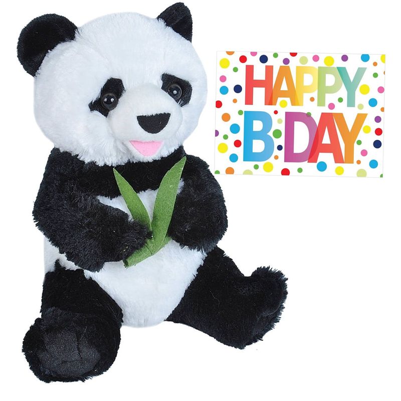 Foto van Pluche knuffel panda beer 25 cm met a5-size happy birthday wenskaart - knuffelberen