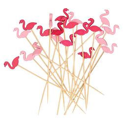 Foto van Excellent houseware cocktail/tapas prikkers - flamingos - 20x stuks - bamboo - 12 cm - cocktailprikkers