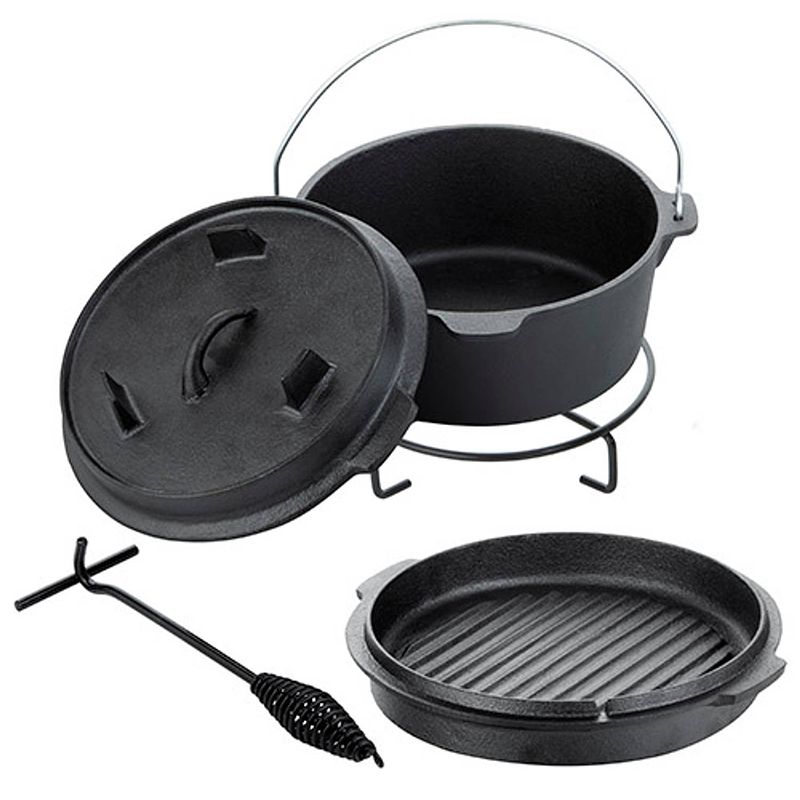 Foto van Dutch mountains dutch oven gietijzeren pannenset 4-delig - kookset - kookpan - deksel als grillpan - onderzetter