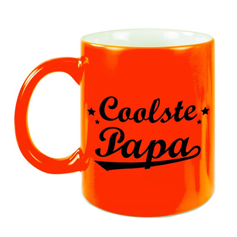 Foto van Coolste papa mok / beker neon oranje voor vaderdag/ verjaardag 330 ml - feest mokken