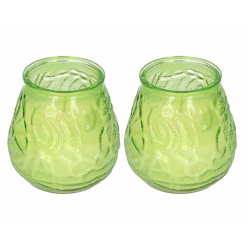Foto van 2x stuks citrus geurkaars in glazen houder groen - geurkaarsen