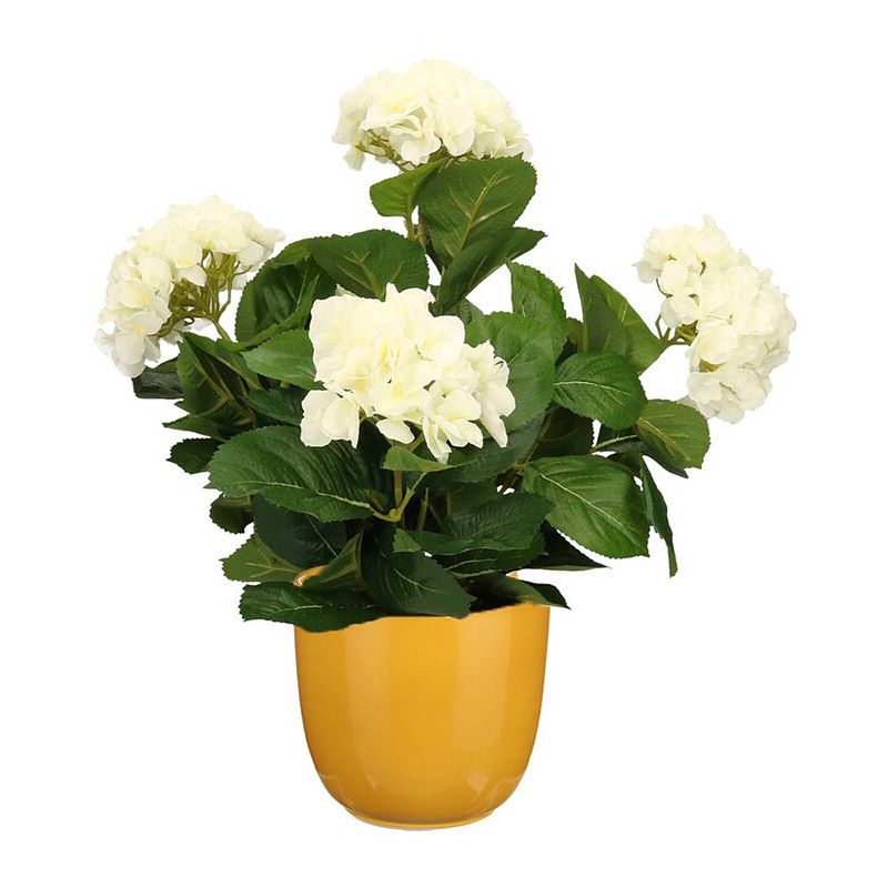 Foto van Hortensia kunstplant/kunstbloemen 45 cm - wit - in pot okergeel glans - kunstplanten