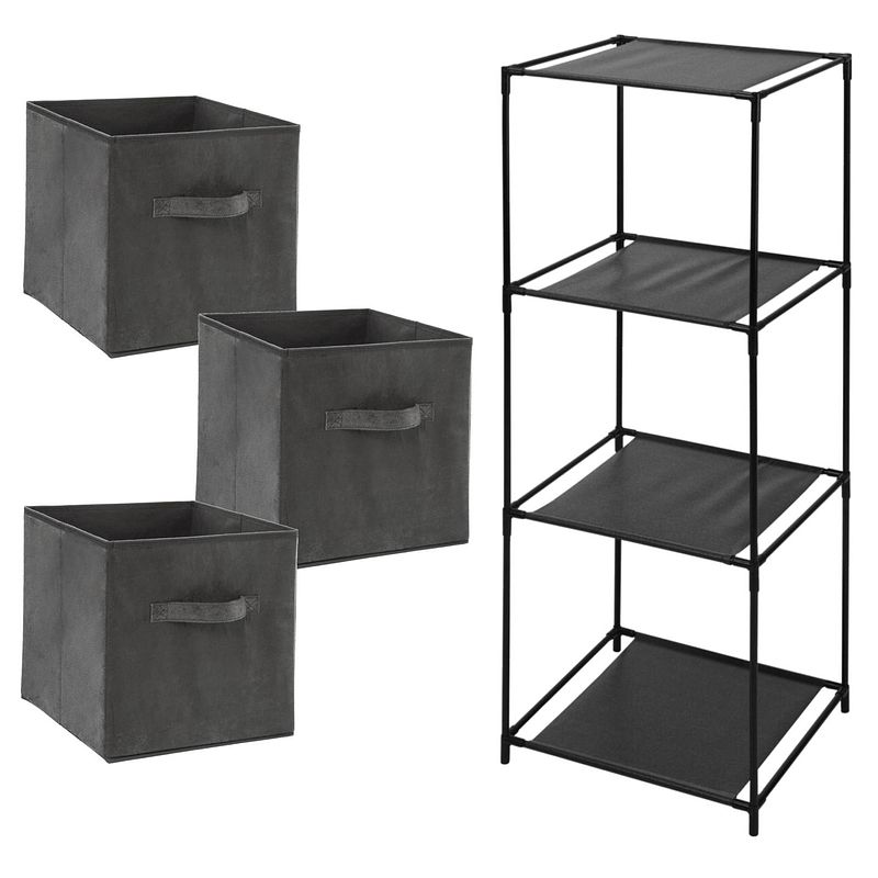 Foto van Storage solutions opbergrek smartrack - met 3x mandjes stof - grijs - 34 x 104 cm - opbergkastjes