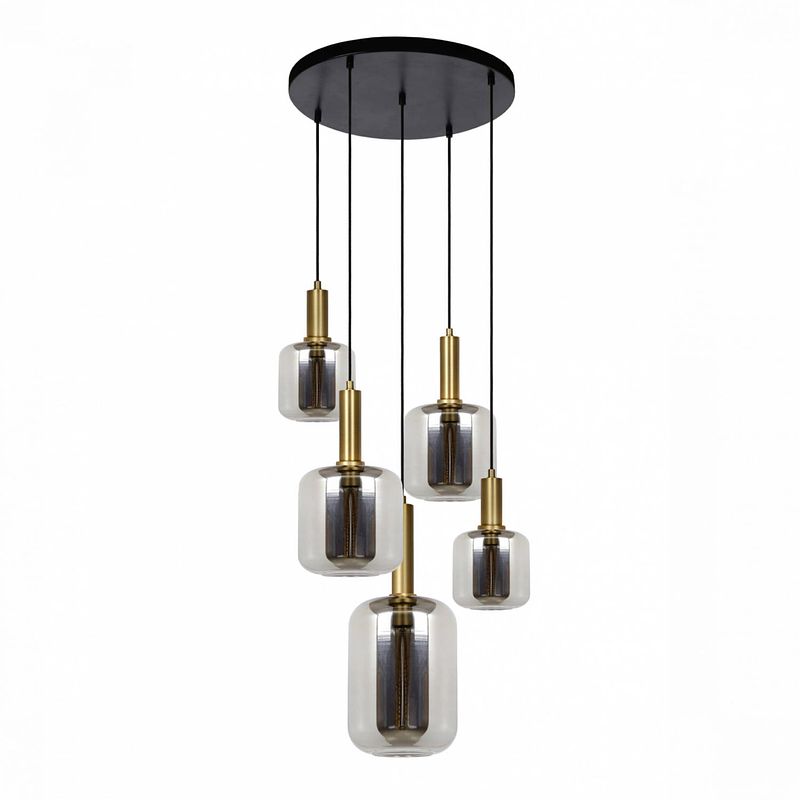 Foto van Casa di elturo hanglamp smokey rond grey & gold - 5 lampen - ø50 x h150 cm