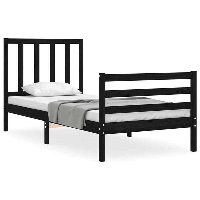 Foto van The living store massief grenen bedframe - 205.5 x 95.5 x 100 cm - multiplex lattenbodem - zwart - matras niet