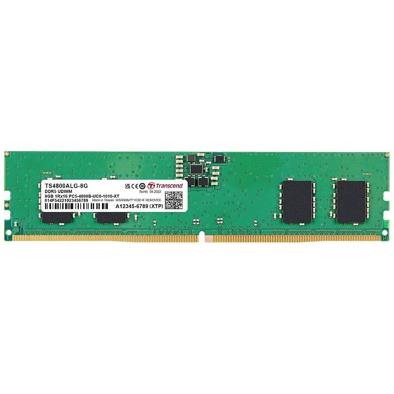 Foto van Transcend ts4800alg-8g werkgeheugenmodule voor pc ddr5 8 gb 1 x 8 gb ecc 4800 mhz 288-pins dimm cl40 ts4800alg-8g