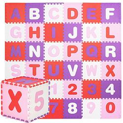Foto van Speelmat speelmat foam puzzelmat 36 stukken letters & cijfers 175 x 175 cm roze/rood/paars/wit