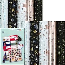 Foto van Nordic lights - metallic kerstpapier assortiment cadeaupapier inpakpapier - 150 x 70 cm - 10 rollen - inclusief labels