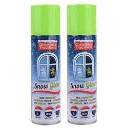 Foto van 2x glow in the dark sneeuw spray 150 ml - spuitbus met glow in the dark kunstsneeuw 2 stuks