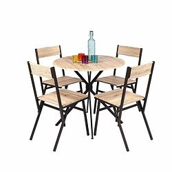 Foto van Gebor - bistro set - tafel - 4 stoelen - blank hout - eiken fineer - zwart metaal - scandinavische look -