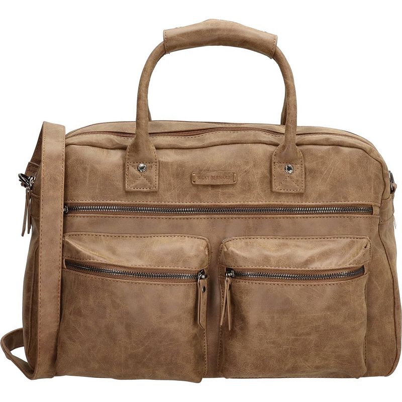 Foto van Handtas: dames kunstleer cognac - camel - laptoptas omhang hand & schoudertas western bag laptoptas 15.6 inch - hand &